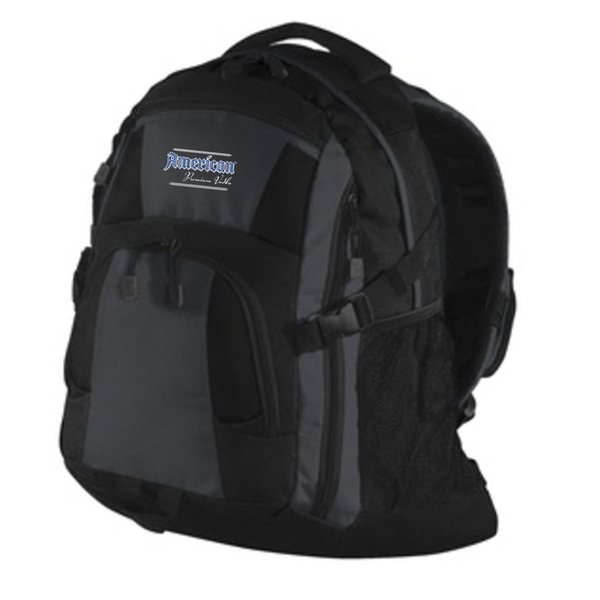 Black and grey backpack with the logo on the top front panel
