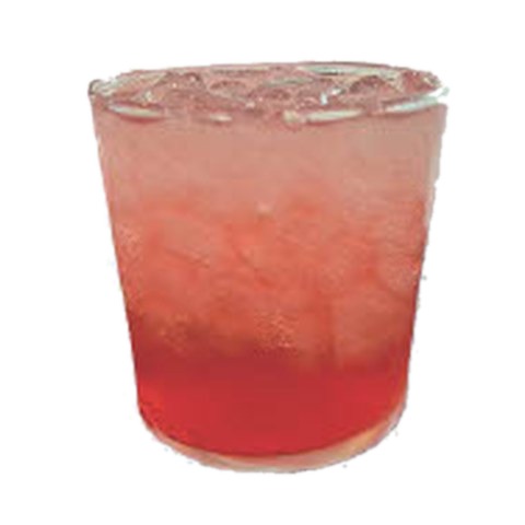 A pink drink over crushed ice in a rocks glass