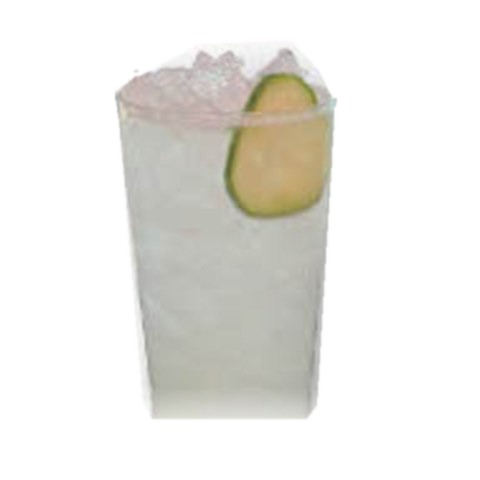A tall glass with ice and a cucumber wheel