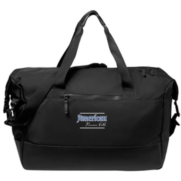 Black duffel bag with a shoulder strap and the logo on the front panel