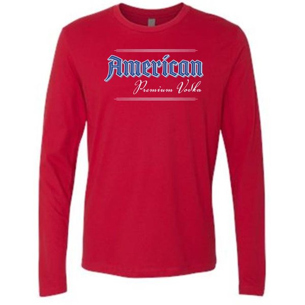Red long-sleeve tee with the full logo across the chest