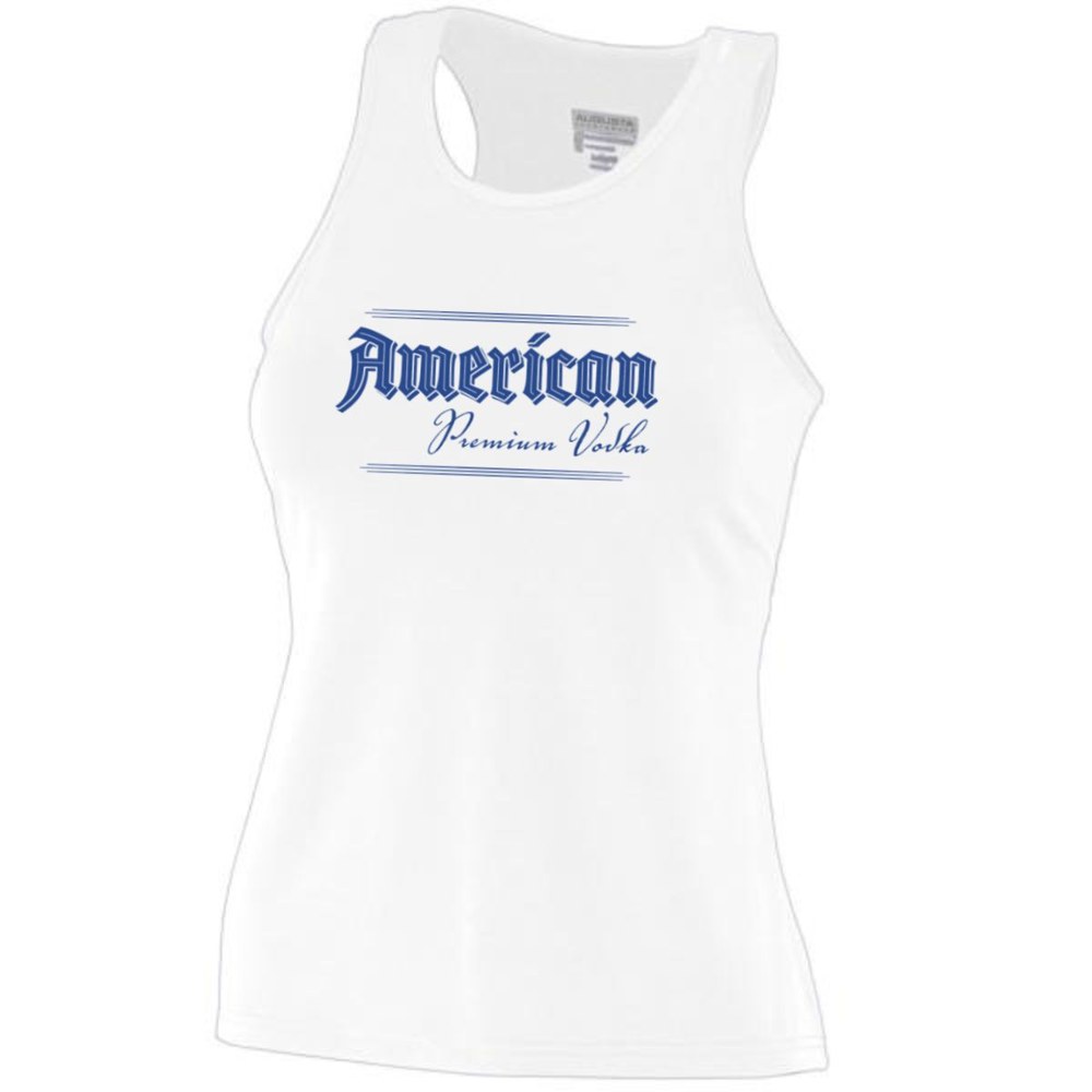White racerback tank with the logo in blue across the front