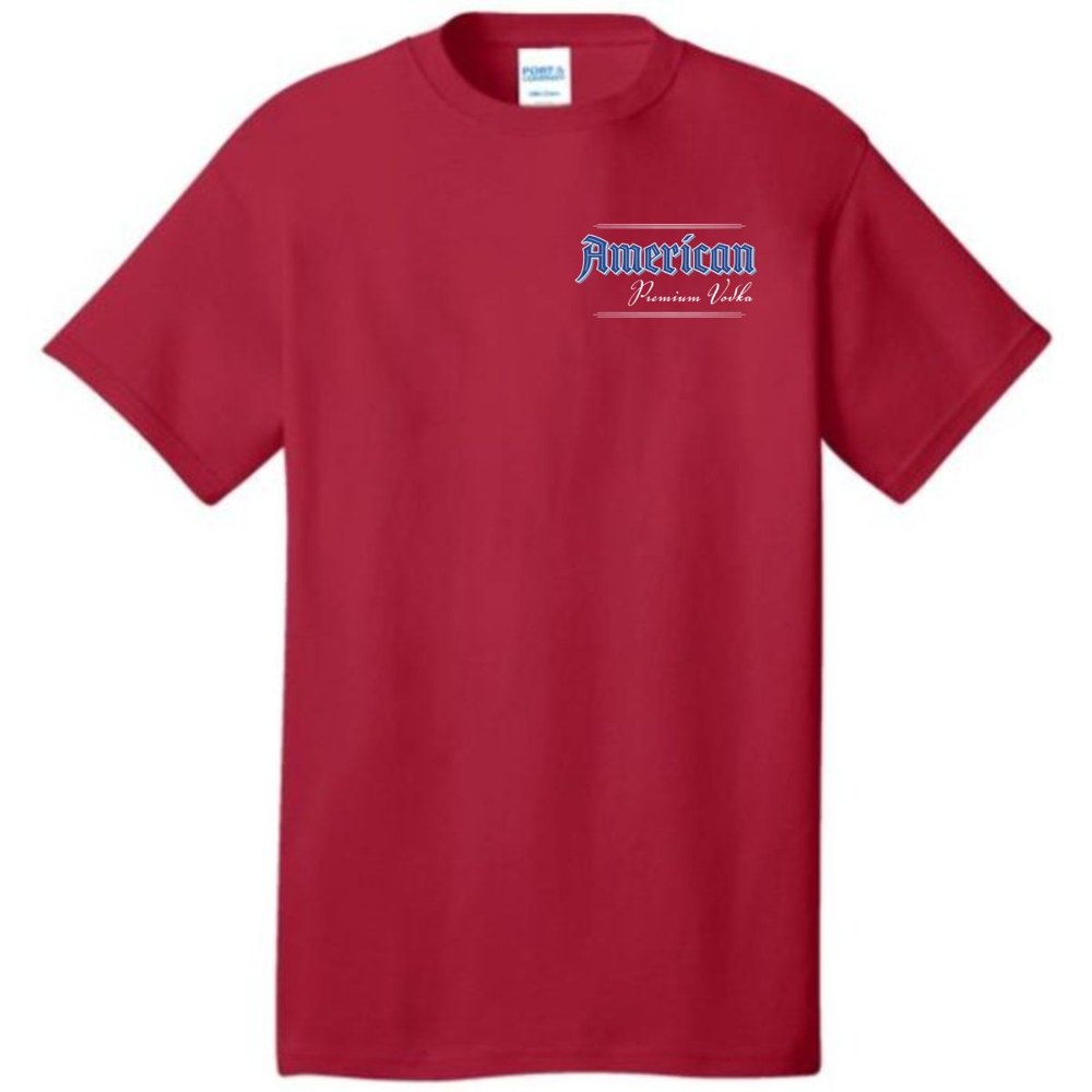Red logo tee with the American Premium Vodka logo on the left chest