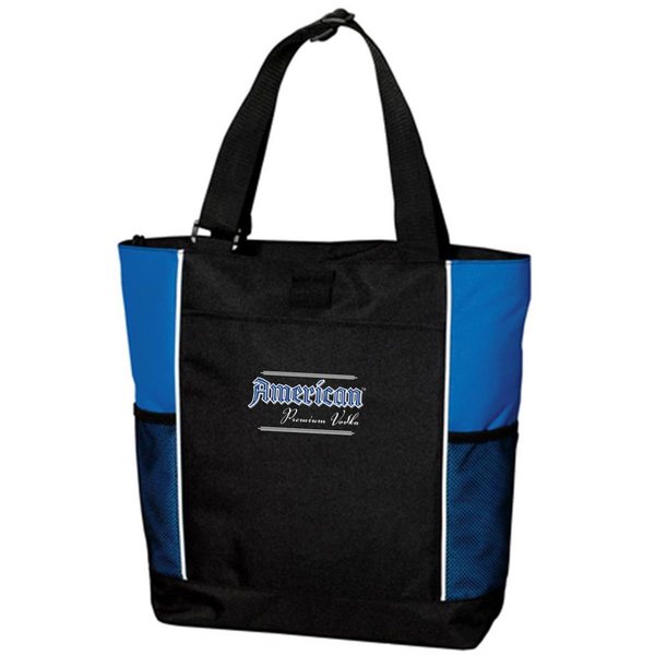Black tote with royal blue side panels and the logo on the front